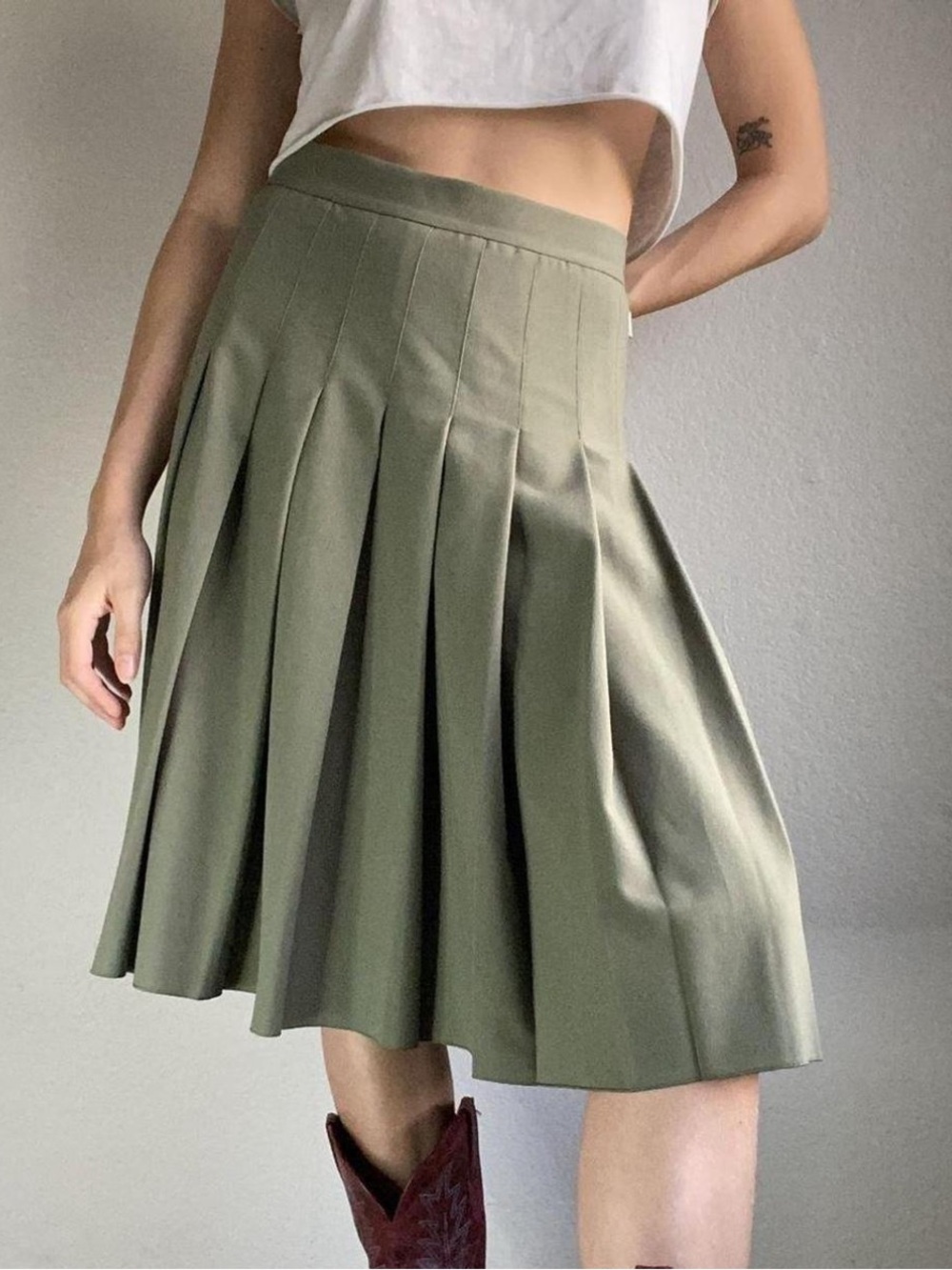 Heaven By Marc Jacobs Olive Green Pleated Skirt Midi Sz L Designer Preppy READ